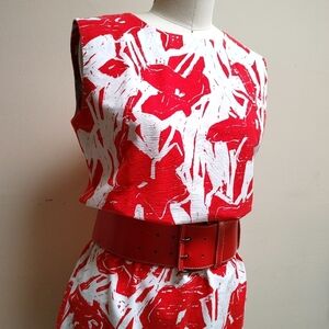 VTG Retro Shift in Abstract Red & White Print Barkcloth